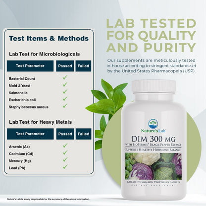 Nature's Lab DIM 300 mg bottle shown with lab-tested and quality testing panel