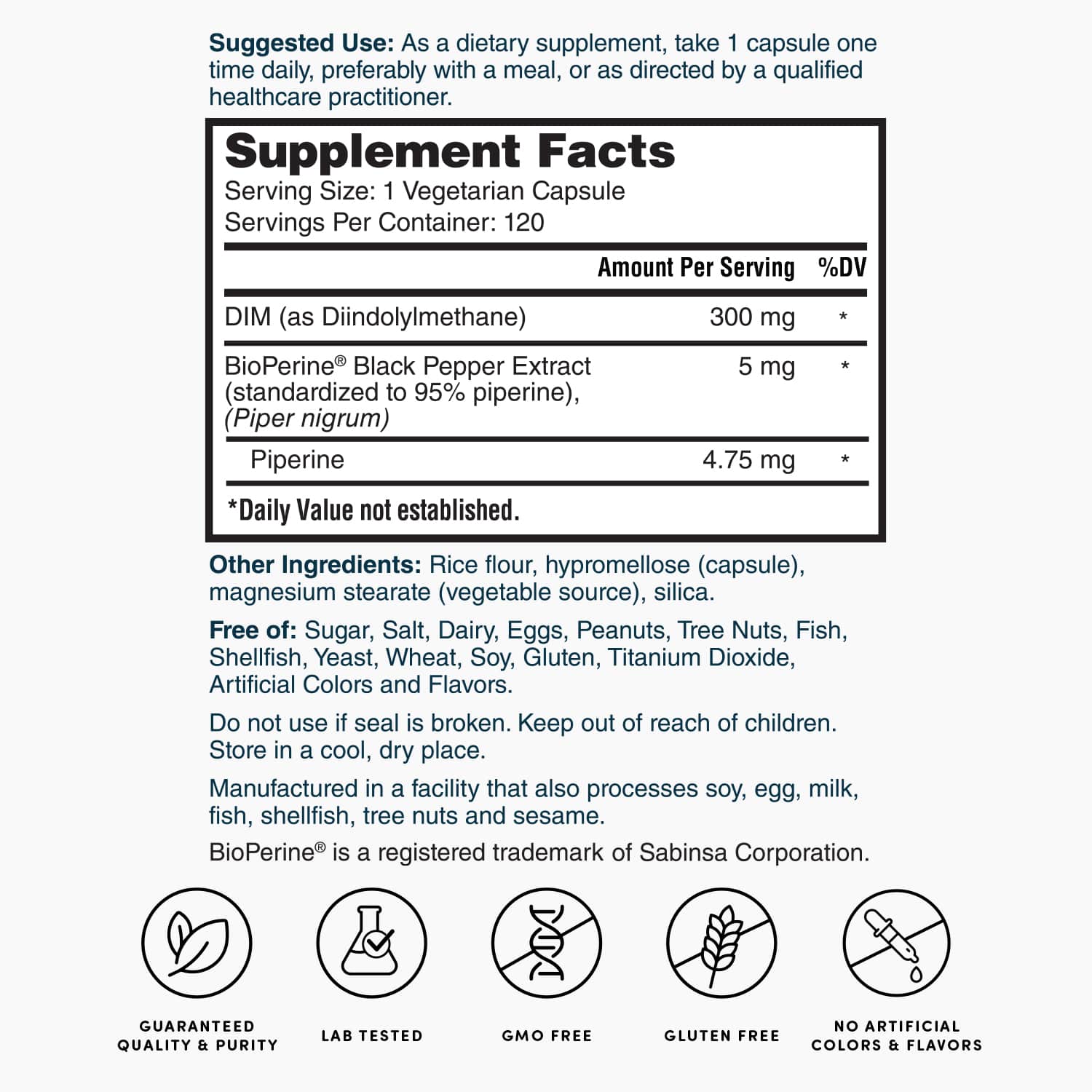 Nature's Lab DIM 300 mg Supplement Facts label panel for 1 vegetarian capsule