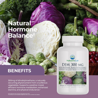 Nature's Lab DIM 300 mg vegetarian capsules bottle with produce-themed label