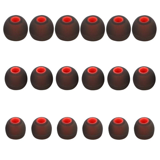 Silicone earbud tips set with red inner openings on dark fit covers