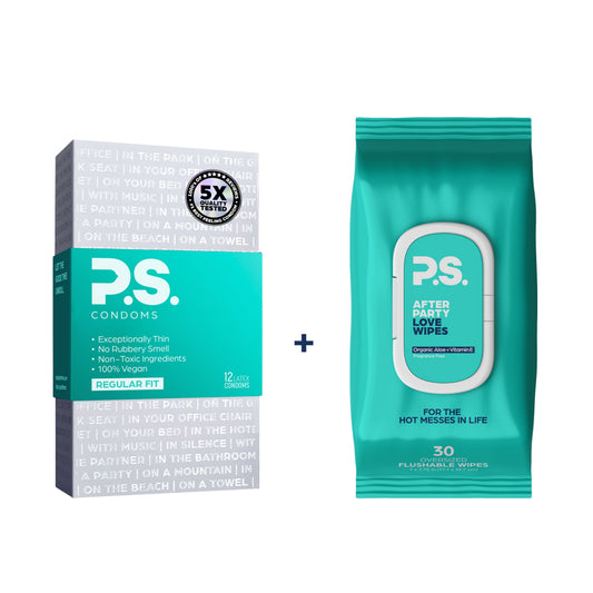 P.S. condoms (regular) box and after lube wipes pack, turquoise