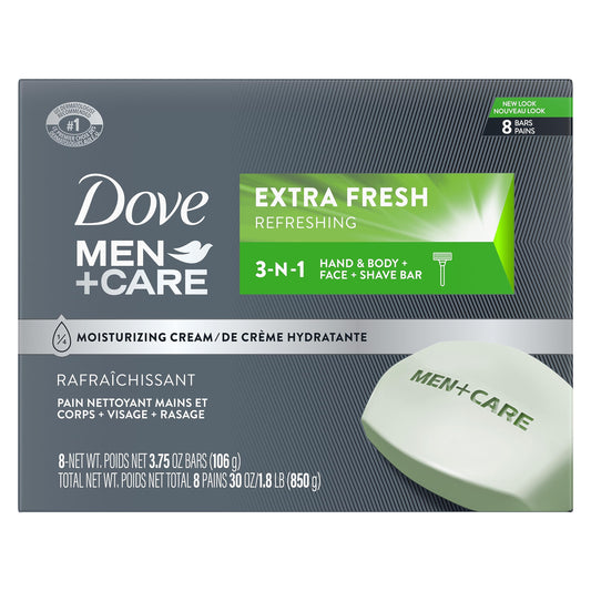 Dove Men+Care Extra Fresh 3-in-1 bar cleanser box with green bar, 8-count pack