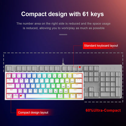 Mini wired gaming keyboard layout diagram with 61 keys and ultra-compact size