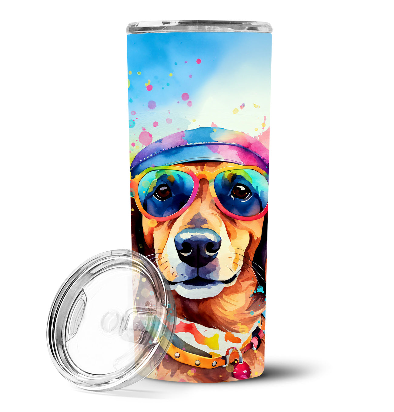 Dachshund Hippie Dawg Stainless Steel Skinny Tumbler Vacuum Double Walled Reusable Insulated Tumbler Travel Cup for Coffee Cocktails Gift with Lid, 20 oz - Renee Lane Company