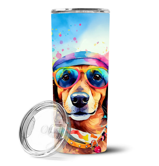 Skinny stainless tumbler with dachshund graphic, open lid and straw