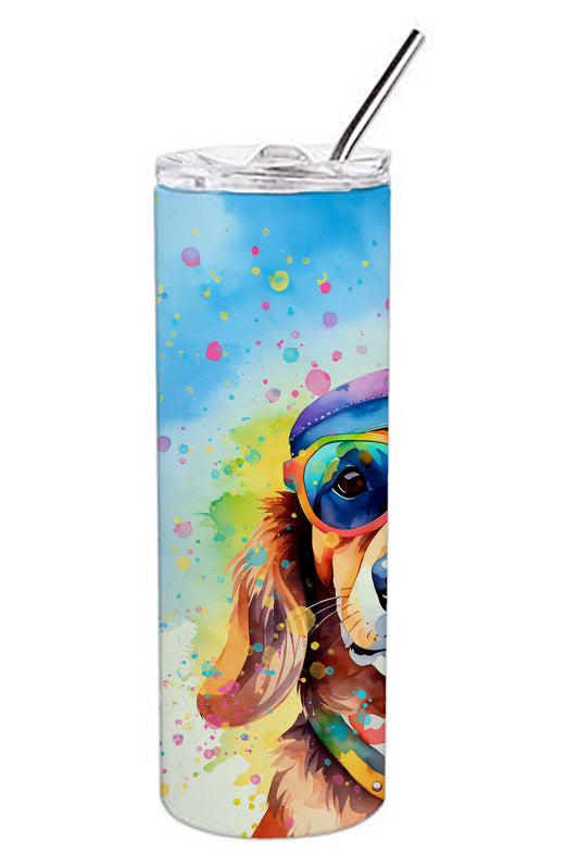 Skinny stainless tumbler with dachshund graphic, clear lid and drinking straw