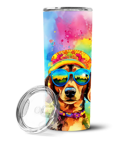20 oz stainless steel skinny tumbler with lid and straw, colorful hippie dachshund print