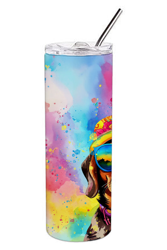 20 oz skinny tumbler with clear lid and metal straw, rainbow splatter dachshund graphic
