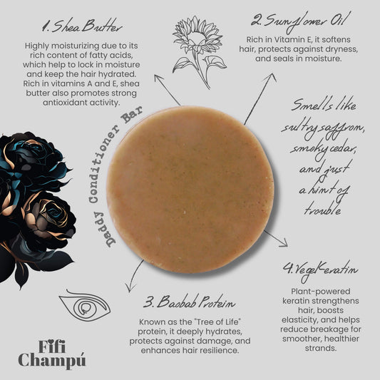 Conditioner bar with botanical ingredient graphic around