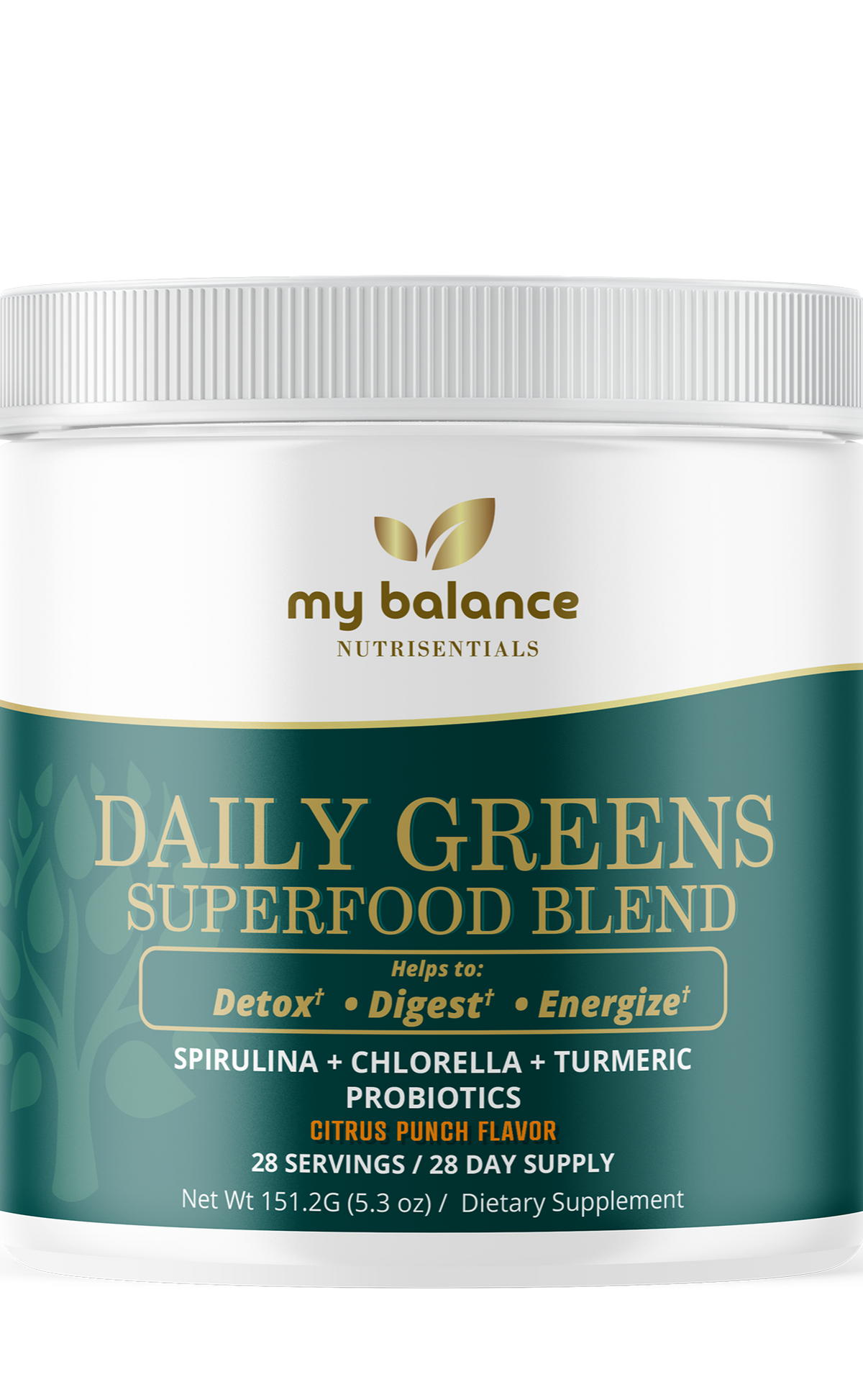 Dietary supplement jar labeled Daily Greens by my balance