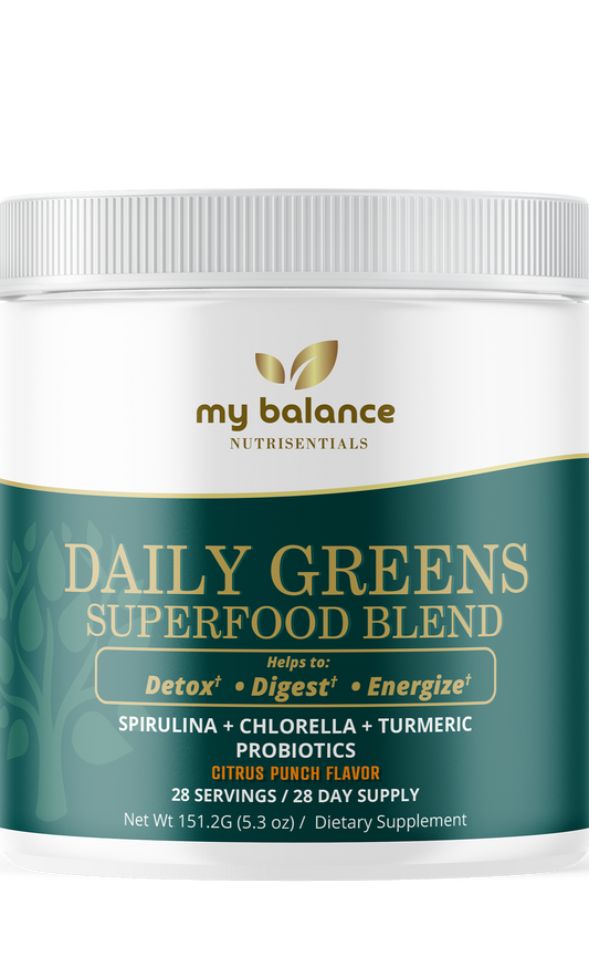 Dietary supplement jar labeled Daily Greens by my balance