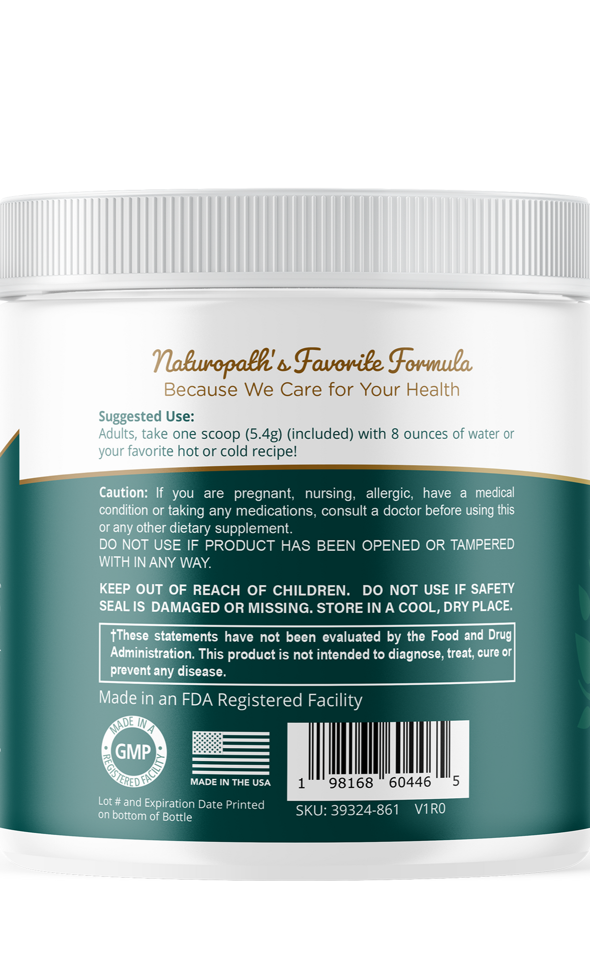 Dietary supplement jar, directions and warnings panel by my balance