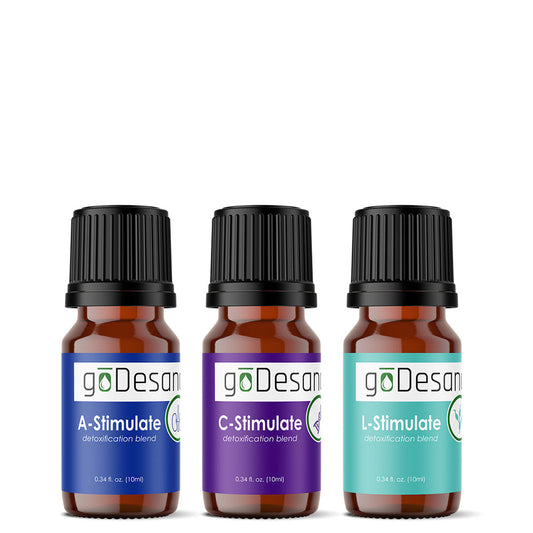 Essential oil trio: amber vials with black caps, A-, C-, L-Stimulate labels