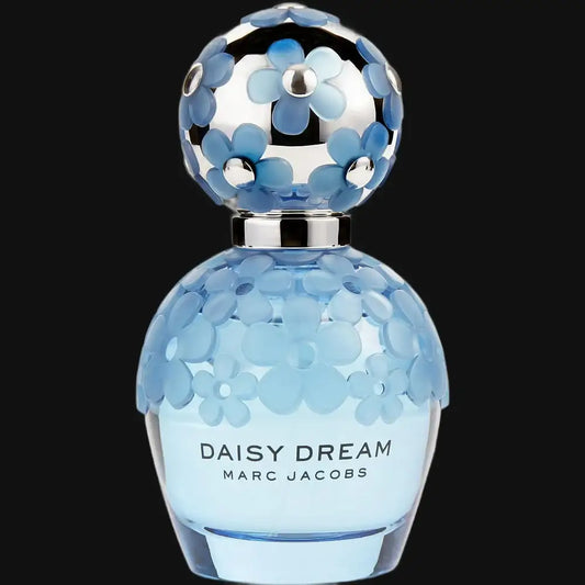 Women’s Eau de Parfum spray bottle, light blue glass with floral daisy cap