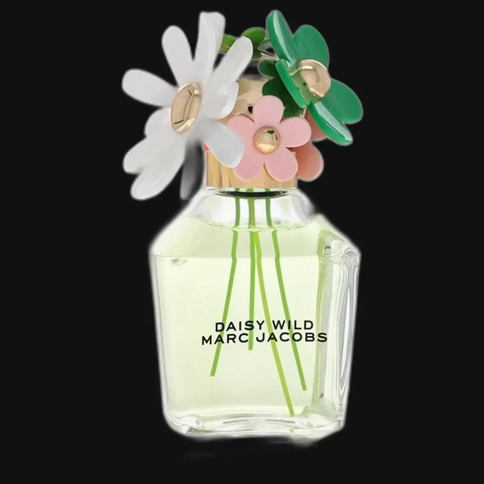 Green glass women's perfume bottle with daisy flower cap and gold details
