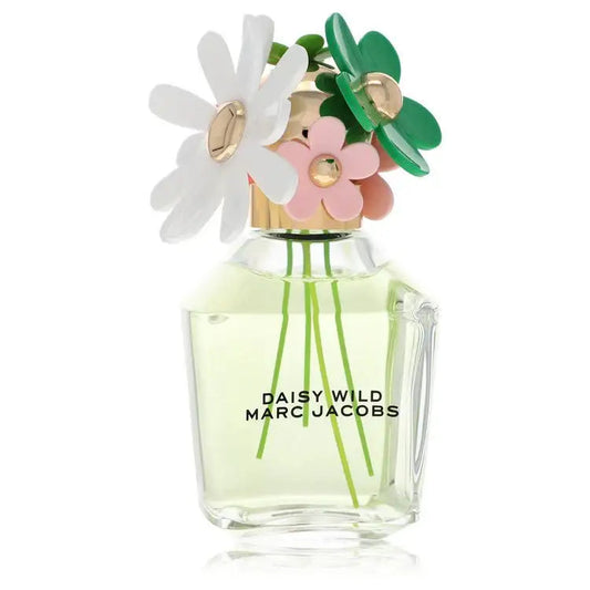 Clear green perfume bottle with daisy flower cap and gold ornament
