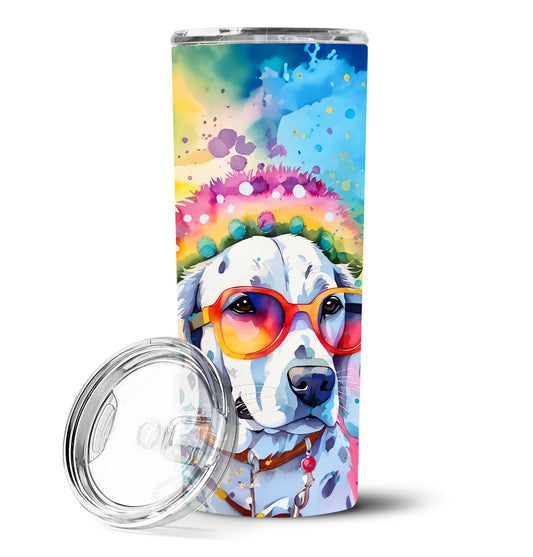 Stainless steel skinny tumbler with clear lid and rainbow dog artwork, 20 oz