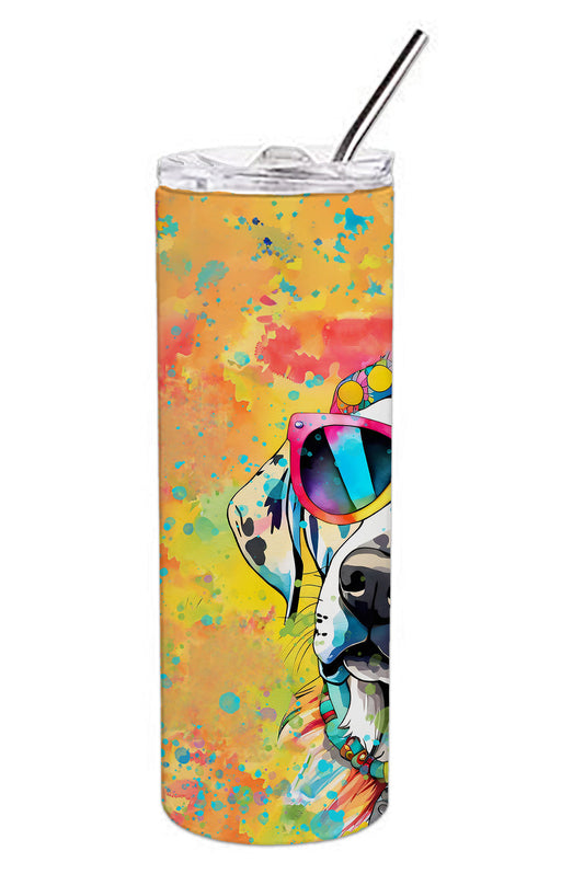 Stainless steel skinny tumbler with dalmatian sunglasses, rainbow splash pattern, straw