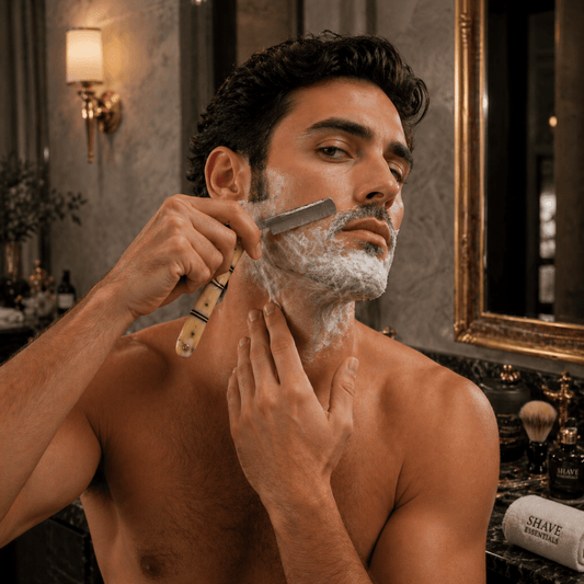 Straight razor in use: damascus blade with metal handle and shaving lather