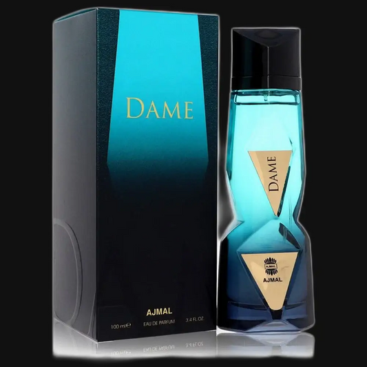 Women’s eau de parfum bottle and box, turquoise glass with black cap and DAMЕ label.