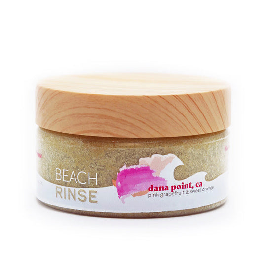 Beach rinse jar with wood lid, Dana Point CA label and sandy scrub texture