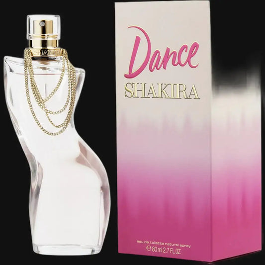 Women's perfume bottle with gold cap and chain, beside Dance Shakira box