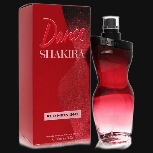 Women's red perfume bottle with black cap and matching red 'Dance' box