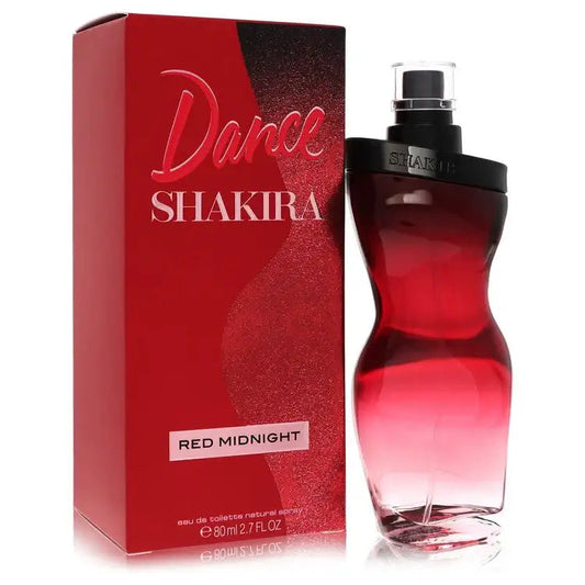 Women's red perfume bottle with black cap beside 'Dance' gift box
