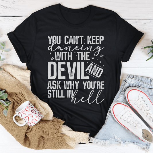 Black graphic T-shirt with bold front slogan and stars