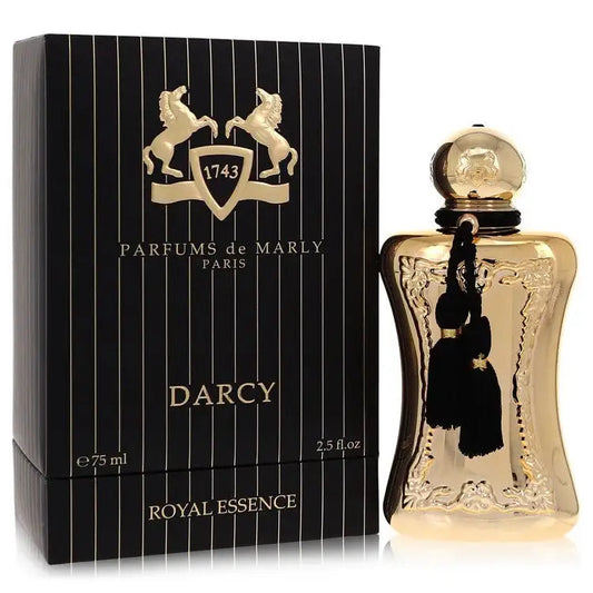 Royal Essence women’s perfume bottle with gold filigree and black portrait ribbon