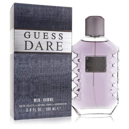 Men's cologne bottle with silver cap beside dark denim-style product box