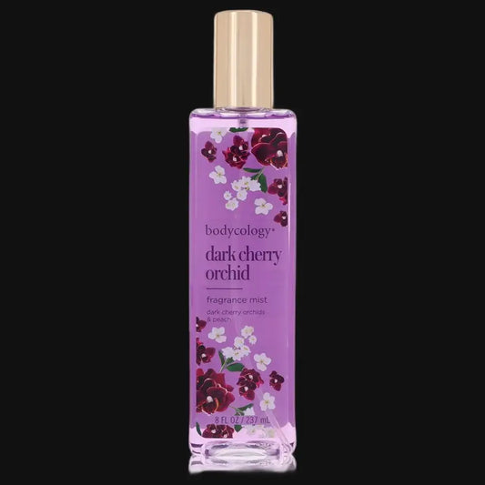 Bodycology Dark Cherry Orchid fragrance mist bottle, gold spray cap, 8 fl oz label.