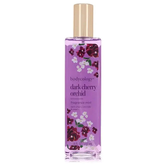 Bodycology dark cherry orchid fragrance mist bottle with floral label and gold spray cap.