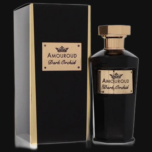 Unisex eau de parfum bottle with dark glass and gold cap, with gift box