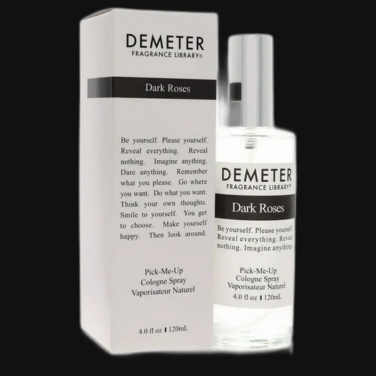 Dark Roses perfume set: Demeter bottle and box, silver cap, 120 mL