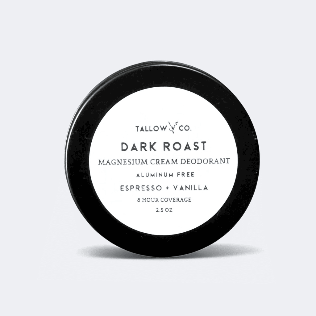 Dark Roast magnesium cream deodorant in black round tin with white label