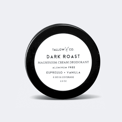 Dark Roast magnesium cream deodorant in black round tin with white label