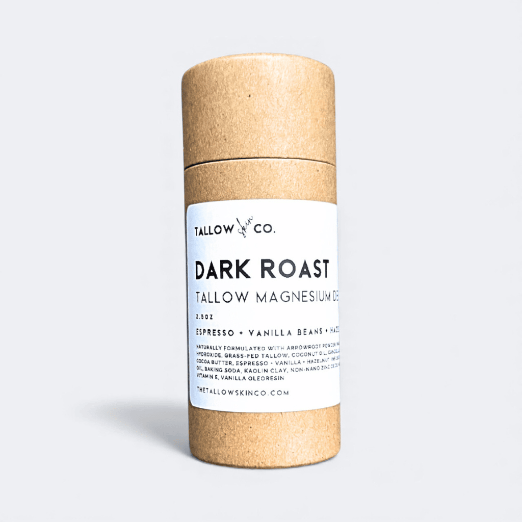 Dark Roast tallow magnesium natural deodorant stick in tan cardboard container
