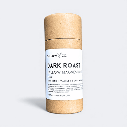 Dark Roast tallow magnesium natural deodorant stick in tan cardboard container