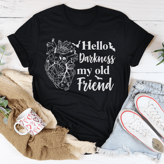 Black crewneck T-shirt with 'Hello Darkness my old Friend' print