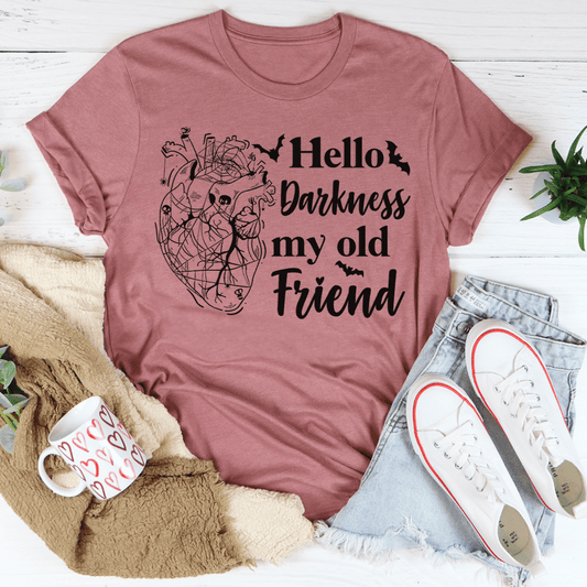 Mauve crewneck T-shirt with 'Hello Darkness my old Friend' print