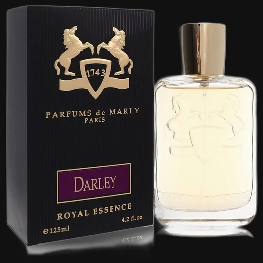 Women's perfume bottle with gold cap and clear glass, paired with Darley box