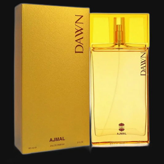 Ajmal Dawn women’s eau de parfum with gold box and clear glass spray bottle