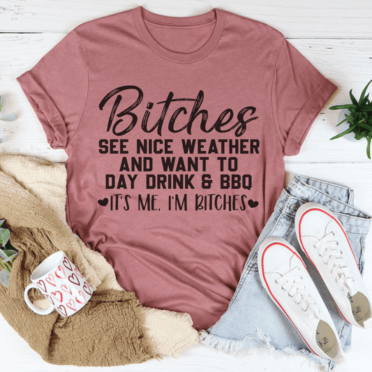 Mauve crewneck T-shirt with black 'Bitches... DAY DRINK & BBQ' graphic