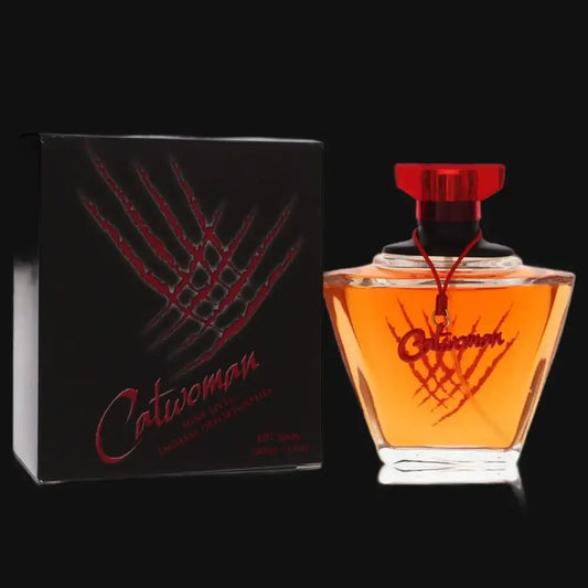 Women’s perfume bottle with red cap and orange glass, with matching black gift box