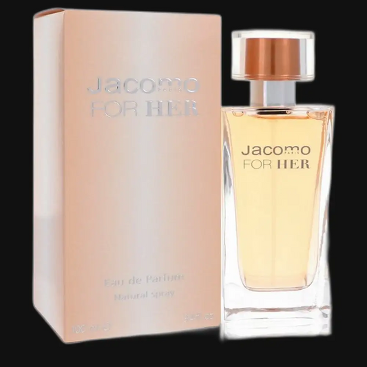 Women's Jacomo For Her eau de parfum bottle with rose gold cap and matching box.