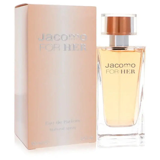 Women's Jacomo For Her eau de parfum bottle and peach-toned gift box.