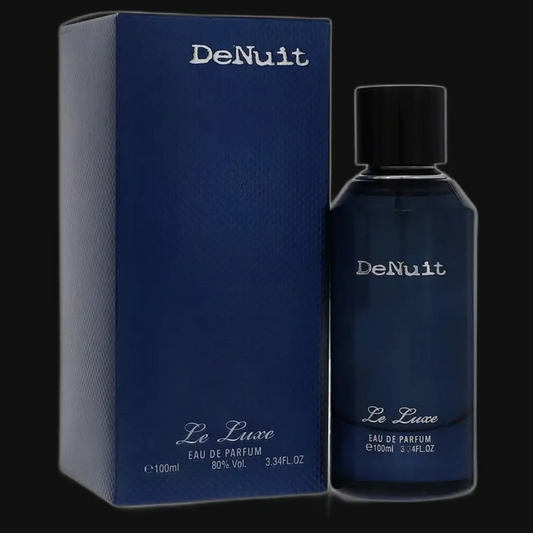 De Nuit Le Luxe women's perfume bottle with blue glass and black cap, shown with box