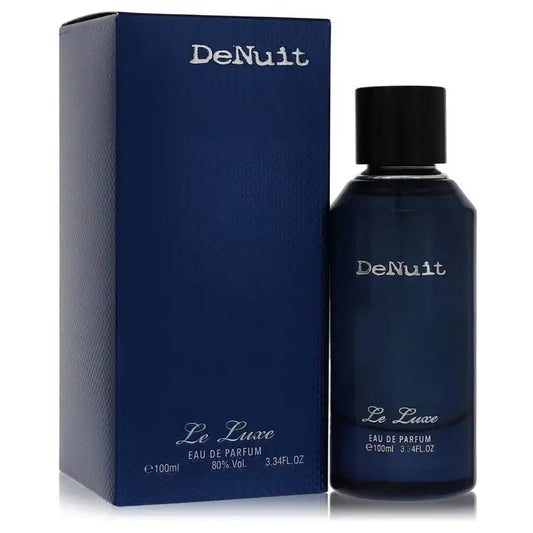 De Nuit Le Luxe women's perfume bottle beside blue box with DeNuit branding