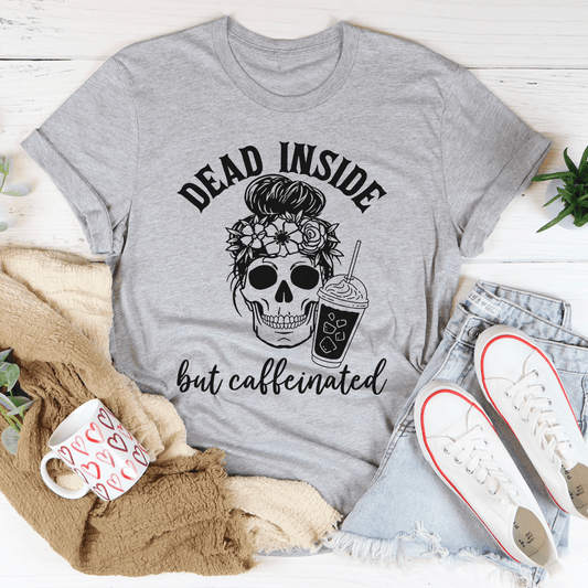 Heather gray graphic T-shirt with skull, flowers, and coffee-cup slogan
